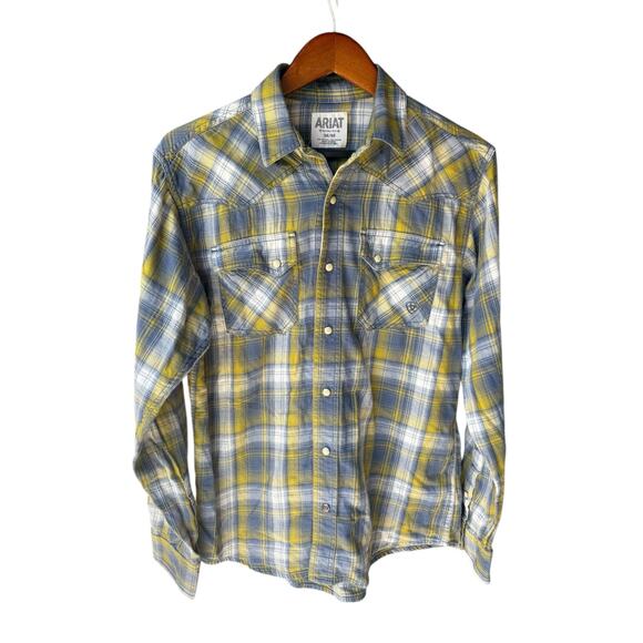 Ariat Alhambra Grey Yellow Plaid Retro Fit Pearl Snap Lightweight Flannel - M - Picture 2 of 9
